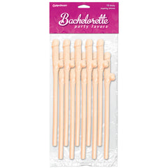 Introducing the Bachelorette Party Favors - Dicky Sipping Straws: a package of 10 festive beige straws with humorous dicky mouthpiece designs, perfect as party favors for bachelorette parties. The packaging features a pink label at the top that reads, "Bachelorette Party Favors.