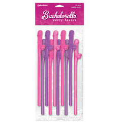 An unopened package of ten festive straws in pink and purple labeled "Bachelorette Party Favors - Dicky Sipping Straws." These straws each feature a whimsical shape at the top, complete with a dicky mouthpiece. The packaging is set against a white background and includes branding and product information.