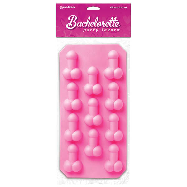The Bachelorette Party Favors Silicone Penis Ice Tray, made from pink silicone and featuring twelve penis-shaped molds, is perfect for bachelorette party favors. The packaging prominently displays "Bachelorette party favors," "silicone ice tray," and the Pipedream Products brand at the top. It's a great way to add some cheeky novelties to your celebration!