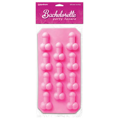 The Bachelorette Party Favors Silicone Penis Ice Tray, made from pink silicone and featuring twelve penis-shaped molds, is perfect for bachelorette party favors. The packaging prominently displays "Bachelorette party favors," "silicone ice tray," and the Pipedream Products brand at the top. It's a great way to add some cheeky novelties to your celebration!
