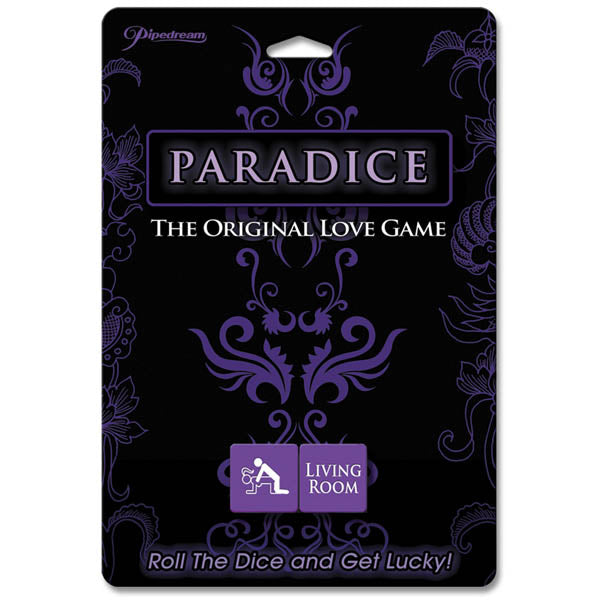 A black and purple card features ornate designs and text. At the top, it reads "Paradice" followed by "The Original Love Game." Below is a symbol of a person on a couch with the text "Living Room." The bottom tagline reads "Roll The Dice and Get Lucky!