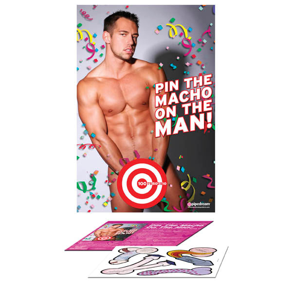 The Bachelorette Party Favors Pin The Macho On The Man - Party Game is the ultimate bachelorette party activity! Featuring a muscular man image with festive confetti, it includes a poster with a target on his groin and several cartoonish cutouts of male genitalia to be pinned on the target. Guaranteed fun for any celebration!