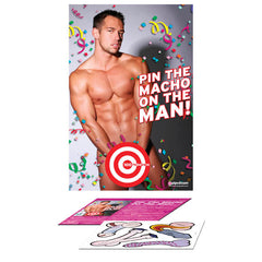 The Bachelorette Party Favors Pin The Macho On The Man - Party Game is the ultimate bachelorette party activity! Featuring a muscular man image with festive confetti, it includes a poster with a target on his groin and several cartoonish cutouts of male genitalia to be pinned on the target. Guaranteed fun for any celebration!