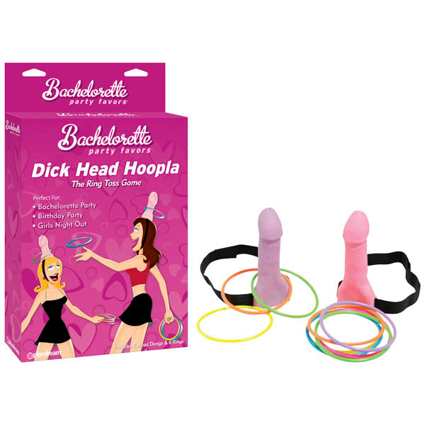 A product image showcasing the novelty party game "Bachelorette Party Favors Dick Head Hoopla - Ring Toss Game." The set features two head straps with attached pink and purple foam penis shapes, along with several colorful rings. The pink packaging promotes it as one of the ultimate bachelorette party favors.