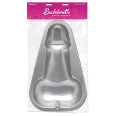 A silver pecker-shaped cake pan packaged in plastic with a pink and white label at the top that reads "Bachelorette Party Favors - Pecker Cake Pan," perfect for creating naughty snacks for your bachelorette party.