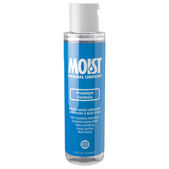 A clear bottle labeled "Moist Premium Formula" with a blue label. The label indicates it is a premium water-based personal lubricant, non-irritating, long-lasting, non-sticky, FDA cleared, and condom compatible. The bottle contains 4.4 fl oz (130 ml) of lubricant.
