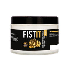 A tub of Pharmquests Fist-It water-based lubricant, 500 ml size, with black and yellow label featuring a fist graphic.