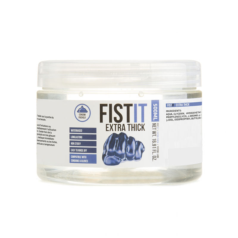 A clear plastic jar labeled 'FIST-IT EXTRA THICK' containing a transparent gel, likely the product described in the text.