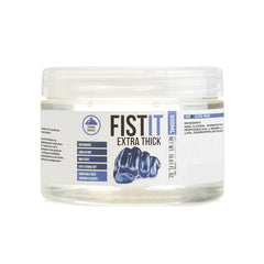 A clear plastic jar labeled 'FIST-IT EXTRA THICK' containing a transparent gel, likely the product described in the text.