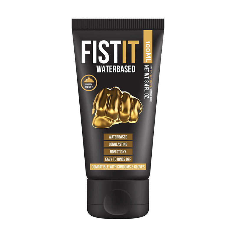 A tube of Fist-It Water Based lubricant with a black and gold label, indicating it is water-based, long-lasting, non-sticky, and easy to apply.
