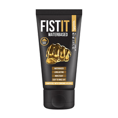 A tube of Fist-It Water Based lubricant with a black and gold label, indicating it is water-based, long-lasting, non-sticky, and easy to apply.
