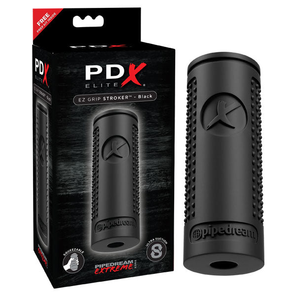 A black cylindrical device called the PDX Elite EZ Grip Stroker is displayed in its packaging, prominently featuring branding from Pipedream Extreme. It boasts an ergonomic design with textured grips and interior massaging ribs, and the promotional text highlights its squeezable suction performance.