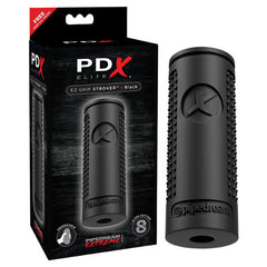 A black cylindrical device called the PDX Elite EZ Grip Stroker is displayed in its packaging, prominently featuring branding from Pipedream Extreme. It boasts an ergonomic design with textured grips and interior massaging ribs, and the promotional text highlights its squeezable suction performance.