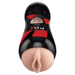A black and red sex toy resembling a can with an opening designed to mimic female genitalia, labeled "Pipedream Extreme Toyz Elite Vibrating Stroker Pussy Masturbator - Flesh." This sleek device includes a vibrating bullet for added stimulation.