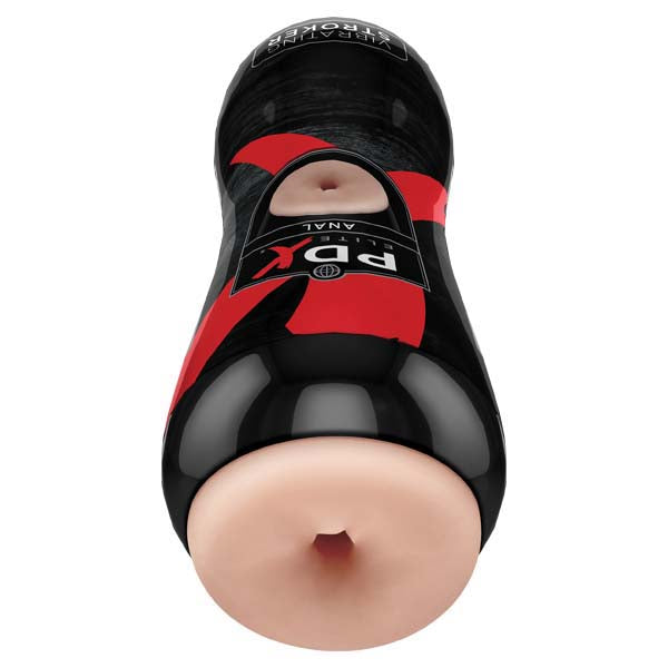 A sleek cylindrical adult toy in black and red, featuring a flesh-toned opening on one end is labeled "PDK" and "Anal." Its design closely resembles the Pipedream Extreme Toyz Elite Vibrating Stroker Anal.