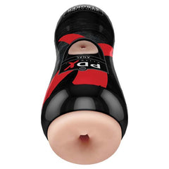 A sleek cylindrical adult toy in black and red, featuring a flesh-toned opening on one end is labeled "PDK" and "Anal." Its design closely resembles the Pipedream Extreme Toyz Elite Vibrating Stroker Anal.
