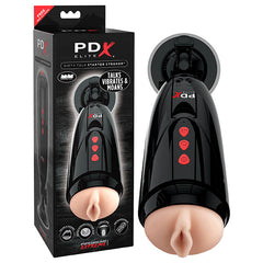 A boxed sexual wellness product labeled "Pipedream Extreme Toyz Elite Dirty Talk Starter Stroker - Flesh Vibrating Vagina Masturbator with Suction Cup & Sound Effects" promises an enhanced masturbation experience. The black stroker device, featuring lifelike Fanta Flesh, has red buttons and a realistic vaginal opening. The box showcases images and details like "Talks Vibrates & Moans.