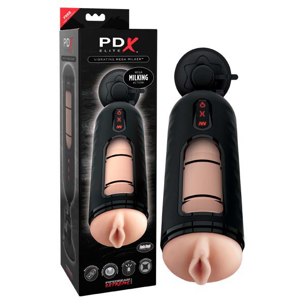 The image shows a product called "Pipedream Extreme Toyz Elite Vibrating Mega Milker - Flesh USB Rechargeable Powered Masturbator" both in its packaging and out of the box. The device is designed for erotic use, featuring a realistic Fanta Flesh latex opening, compression technology, and control buttons for operation.