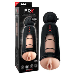 The image shows a product called "Pipedream Extreme Toyz Elite Vibrating Mega Milker - Flesh USB Rechargeable Powered Masturbator" both in its packaging and out of the box. The device is designed for erotic use, featuring a realistic Fanta Flesh latex opening, compression technology, and control buttons for operation.