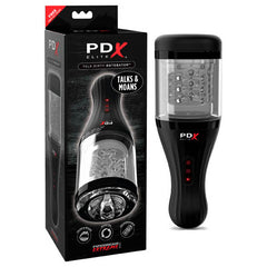 The image shows a black cylindrical electronic device labeled "Pipedream Extreme Toyz Elite Talk Dirty Rotobator" with buttons on the front and a clear section on top, revealing internal components, including its rotation mechanism. The product is displayed next to its packaging box which showcases the same device and branding details.