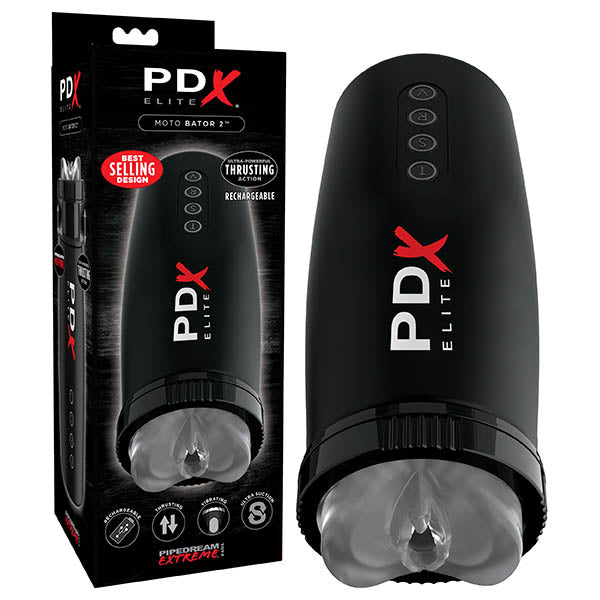 The Pipedream Extreme Toyz Elite Motobator 2 - Black USB Rechargeable Powered Masturbator features a sleek cylindrical design with control buttons on its surface. The packaging, adorned with similar branding, emphasizes the product's powerful suction and intense thrusting capabilities. Known as the "Motor Bator 2," it boasts a clear flexible opening, is rechargeable, and ranks among the best-selling designs.