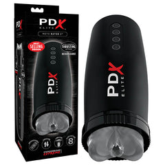 The Pipedream Extreme Toyz Elite Motobator 2 - Black USB Rechargeable Powered Masturbator features a sleek cylindrical design with control buttons on its surface. The packaging, adorned with similar branding, emphasizes the product's powerful suction and intense thrusting capabilities. Known as the "Motor Bator 2," it boasts a clear flexible opening, is rechargeable, and ranks among the best-selling designs.