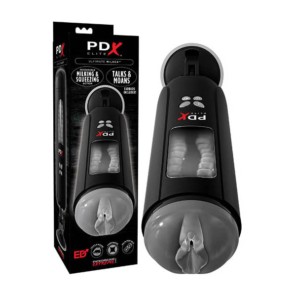 Product box and device for a Pipedream Extreme Toyz Elite Ultimate Milker - USB Rechargeable Powered Masturbator. The box and device are black with grey accents. The front of the box features the name, description, and an image of the device. Equipped with a rechargeable motor, the cylindrical body has buttons and a section resembling a mouthpiece.


