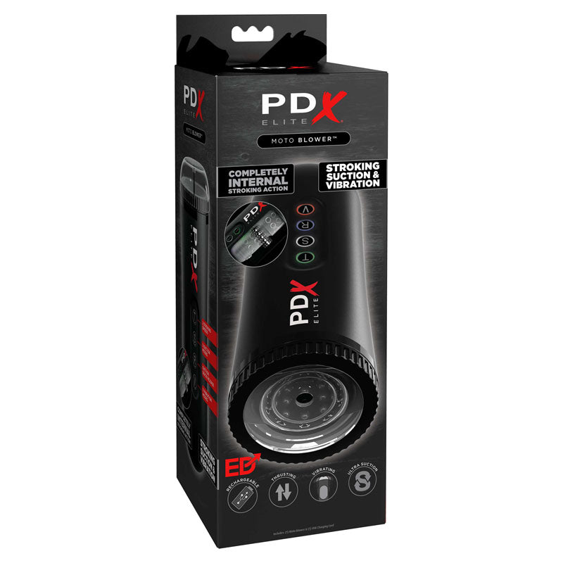 A black and gray box showcases the Pipedream Extreme Toyz Elite Moto Blower - Black Powered Masturbator, a men's personal massager. The packaging highlights its automatic stroking motion, powerful suction, and vibration features. Text and icons emphasize the product's capabilities and internal mechanism.