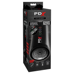 A black and gray box showcases the Pipedream Extreme Toyz Elite Moto Blower - Black Powered Masturbator, a men's personal massager. The packaging highlights its automatic stroking motion, powerful suction, and vibration features. Text and icons emphasize the product's capabilities and internal mechanism.