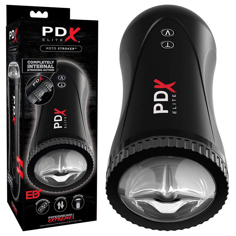 A black Pipedream Extreme Toyz Elite Moto Stroker - Black Powered Masturbator is displayed next to its packaging box. The sleek, cylindrical device features a transparent opening at the base and boasts intense stroking speeds powered by a rechargeable motor. The packaging highlights "Completely Internal Stroking Action" and adjustable settings.