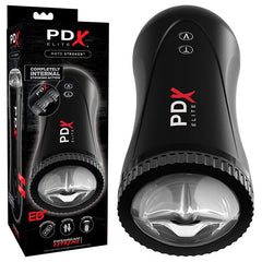 A black Pipedream Extreme Toyz Elite Moto Stroker - Black Powered Masturbator is displayed next to its packaging box. The sleek, cylindrical device features a transparent opening at the base and boasts intense stroking speeds powered by a rechargeable motor. The packaging highlights "Completely Internal Stroking Action" and adjustable settings.