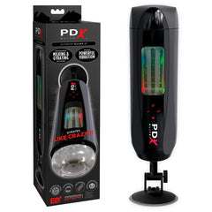 The packaging and device of the Pipedream Extreme Toys Elite Ultimate Milker 2 - USB Rechargeable Masturbator, showcase a black cylindrical shape with a transparent interior displaying multiple colored rings. The box emphasizes features such as "Milking & Grating" and "Powerful Vibration." This advanced masturbation technology offers exceptional vibrating stimulation, all mounted on an elegant black stand.