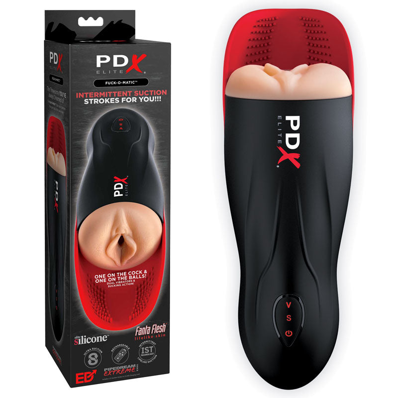 The image displays a black and red Pipedream Extreme Toys Elite Fuck-O-Matic - USB Rechargeable Sucking Masturbator, offering the ultimate stroker experience with lifelike entry points clearly visible. Beside it is its packaging, showcasing the product's image, brand name, and detailed information about its functions and materials, including silicone and Fanta Flesh.