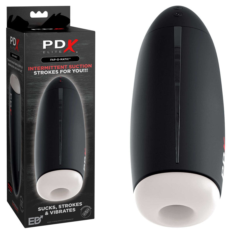 Image of a Pipedream Extreme Toys Elite Fap-O-Matic male masturbator in its packaging on the left and the device removed from packaging on the right. The black, cylindrical device features a white opening at one end and promises functions such as powerful vibration modes, sucking, stroking, and vibrating with its Fanta Flesh sleeve.