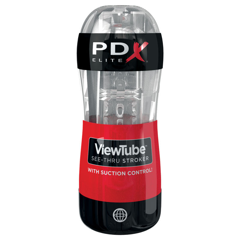 A transparent sleeve labeled in black and red, featuring "Pipedream Extreme Toys Elite" in white and red text on a black band. Below, the label reads "ViewTube See-Thru Stroker - WITH SUCTION CONTROL!" for ultimate visual stimulation. The base showcases a black section with a circular logo.
