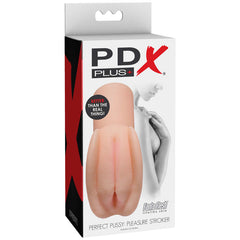A box of PDX PLUS Perfect Pussy Pleasure Stroker features packaging with a partial image of the product and bold claims like "Better Than The Real Thing!" and "FantaFlesh Lifelike Skin." With its hyper-realistic details and lifelike skin texture, the packaging also includes a grayscale image of a woman on the side.