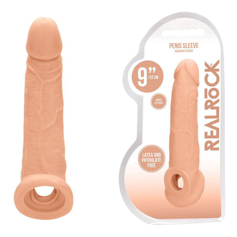 A lifelike dildo, the REALROCK 9'' Realistic Penis Extender with Rings, made of latex and Phthalate-Free Skin TPE is displayed next to its packaging. The body-safe dildo is flesh-colored, measures 9 inches (22 cm), and features a super flexible design. The packaging includes branding and product information.