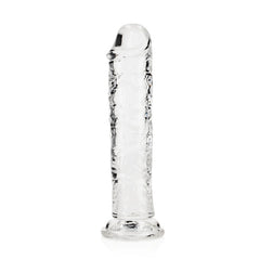 The REALROCK 20 cm Straight Dildo - Clear is a phthalate-free, transparent glass dildo featuring a smooth rounded tip and textured shaft, designed to stand upright on a flat circular base.