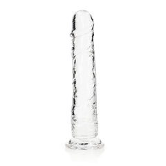 The REALROCK 31 cm Straight Dildo - Clear is showcased standing vertically against a plain white background. This body-safe toy features a smooth, phallic shape with a rounded tip and flat base. It is transparent with subtle textural details along its length, exemplifying the quality of top-tier clear dildos.