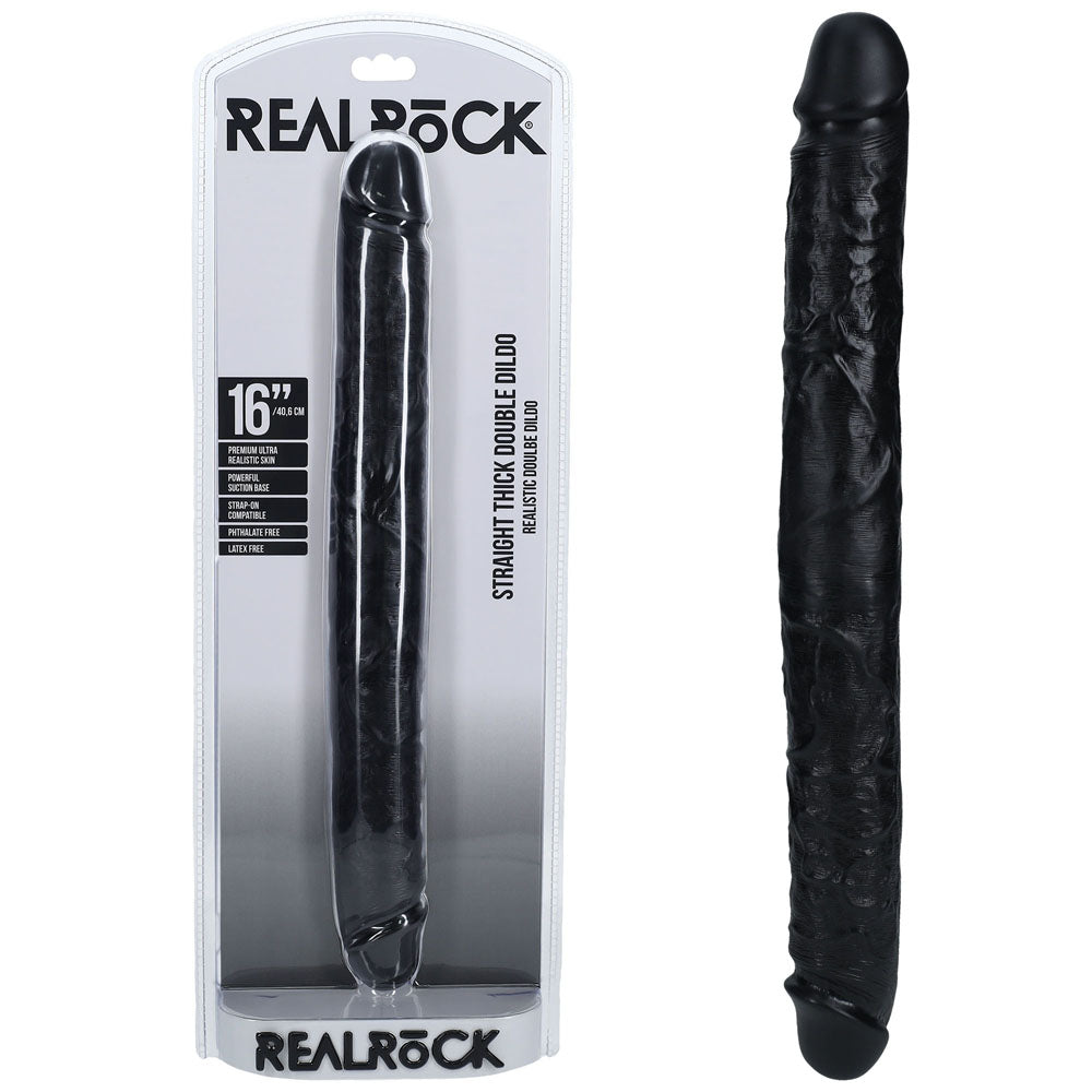 A 40cm black double-ended dildo under the label "REALROCK" is displayed both in and out of its waterproof packaging. The packaging emphasizes features like its thick, straight design, realistic texture, and suitability for deep penetration. The realistic dildo displays a firm structure with slight curves and detailing.