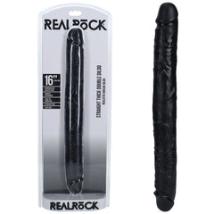 A 40cm black double-ended dildo under the label "REALROCK" is displayed both in and out of its waterproof packaging. The packaging emphasizes features like its thick, straight design, realistic texture, and suitability for deep penetration. The realistic dildo displays a firm structure with slight curves and detailing.