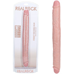 The REALROCK 40cm Thick Double Dildo in flesh is shown both in its packaging and out. This soft-to-touch, flesh-toned design boasts veins and two rounded ends, making it ideal for deep penetration. The brand name "REALROCK" is prominently displayed on the packaging.