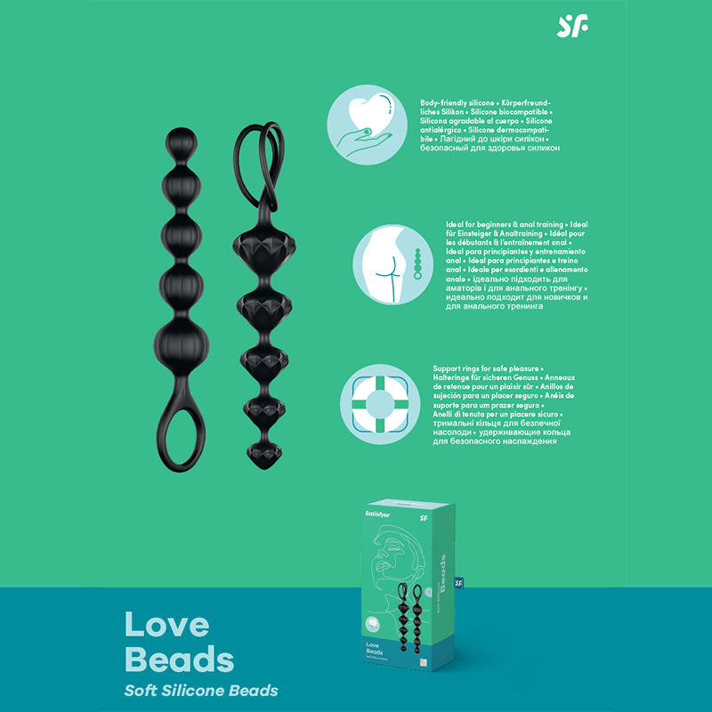 An informational graphic showcases the Satisfyer Love Anal Beads, featuring a set of black silicone love beads with a finger loop handle. The image incorporates textual details emphasizing its body-friendly material, suitability for anal training and beginners, ideal for anal usage, and included instructions. The product packaging is displayed at the bottom.
