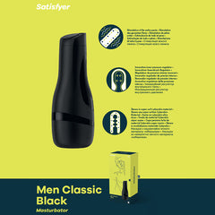 An image of the Satisfyer Men Classic Black masturbator showcases the product prominently at the center, accompanied by text in multiple languages detailing its features. Emphasizing its realistic material and powerful suction effect, a green box featuring the product’s image is positioned at the bottom right corner of the picture.