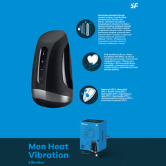 A black and silver Satisfyer Men Heat Vibration Masturbator is featured against a blue background. The top half of the poster details the product’s features, including medical-grade silicone, deep vibrations, and waterproof functionality. The bottom half shows the product name “Satisfyer Men Heat Vibration Masturbator” and the product box.