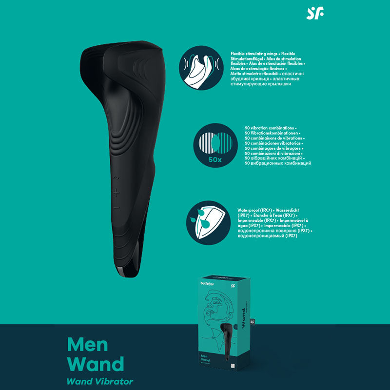 A black Satisfyer Men Wand Vibrator Masturbator with curved surfaces is shown against a teal background. Inset images highlight its flexible wings, powerful vibrations, and waterproof features. The product box with branding is displayed at the bottom. Text: "Satisfyer Men Wand - Wand Vibrator.