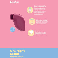 The image presents a promotional graphic for the Satisfyer One Night Stand Vibrator, an air pulse stimulator available in pink. The device is highlighted through three diagrams that showcase its touch-free clitoral stimulation, four intensity settings, and eco-friendly design with corresponding text descriptions. Additionally, it emphasizes the use of skin-friendly silicone material.