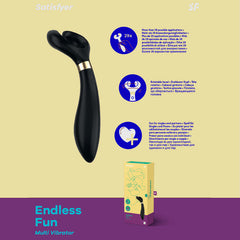 Image of the sleek, black Satisfyer Endless Fun Vibrator against a yellow background. The product, crafted from body-friendly silicone, is displayed vertically with its box at the bottom. Blue text on the right highlights features and uses. The footer reads, "Endless Fun Multi Vibrator.