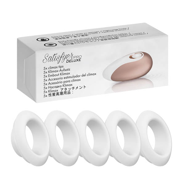 Product packaging for the "Satisfyer Pro Deluxe Climax Heads" showcases five white ring-shaped climax tips made from body-friendly silicone, displayed in front of a box labeled in multiple languages. The background is white, and the packaging includes an image of the product.