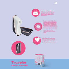 Image of a product called "Satisfyer Pro Traveller - USB Rechargeable Touch-Free Clitoral Stimulator." The product is shown partially open, with text highlighting its portable design, discreet magnetic closure, waterproof feature, and body-friendly silicone material. Experience multiple orgasms with its innovative pressure wave vibrator technology. The packaging is displayed at the bottom.